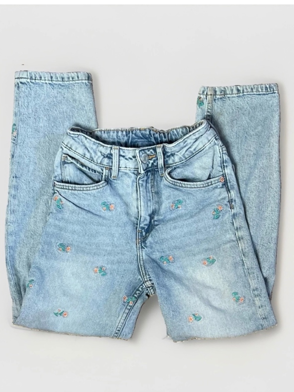 H&M Girls Baggy Boho Jeans with Floral Daisy Embroidery - Size 8
